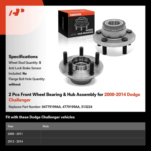 2 Pcs Front Wheel Bearing & Hub Assembly for 2008-2014 Dodge Challenger