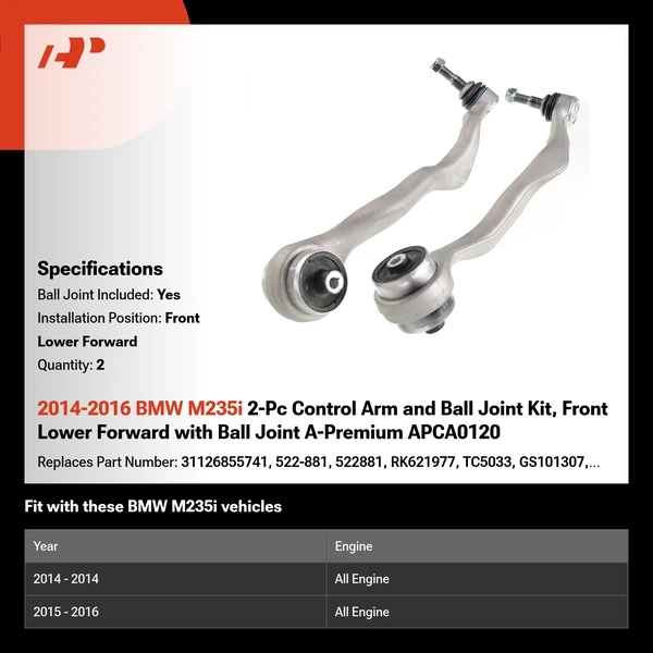 2014-2016 BMW M235i 2-Pc Control Arm and Ball Joint Kit, Front Lower Forward with Ball Joint A-Premium APCA0120