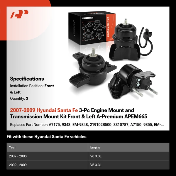2007-2009 Hyundai Santa Fe 3-Pc Engine Mount and Transmission Mount Kit Front & Left A-Premium APEM665