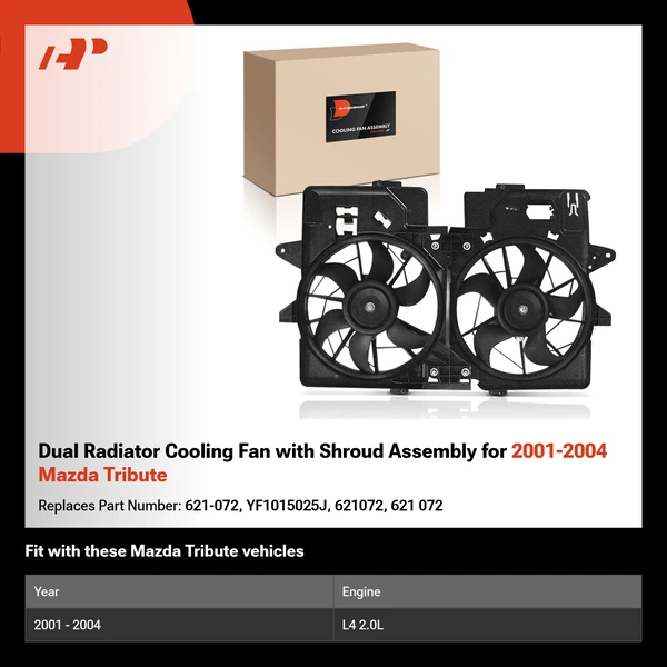 Dual Radiator Cooling Fan with Shroud Assembly for 2001-2004 Mazda Tribute
