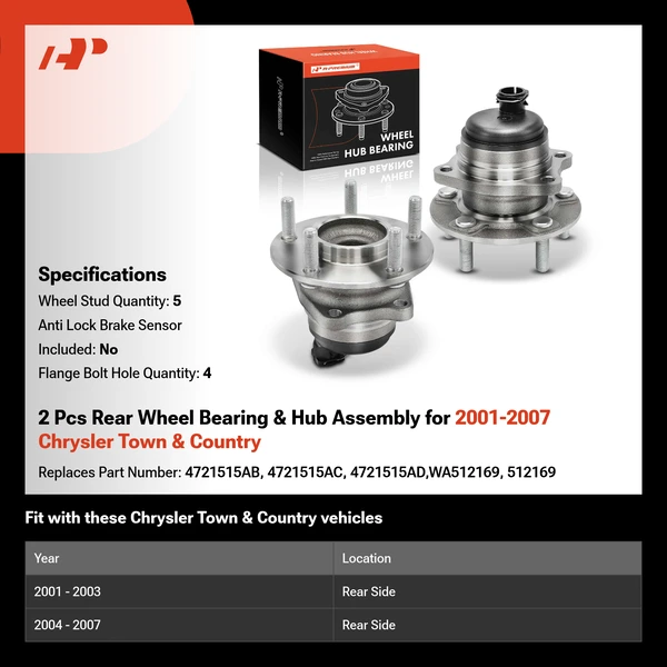 2 Pcs Rear Wheel Bearing & Hub Assembly for 2001-2007 Chrysler Town & Country