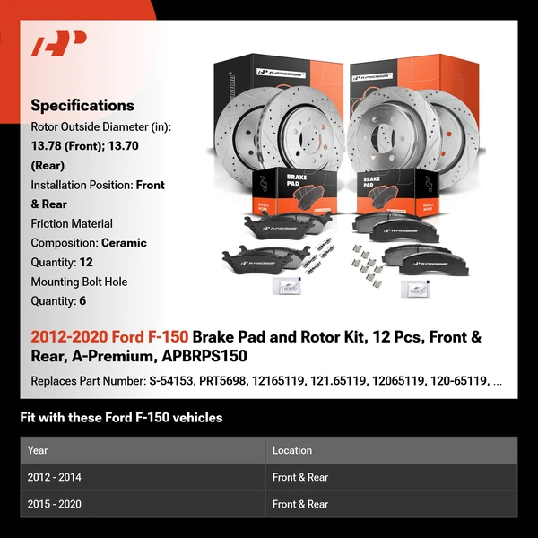 2012-2020 Ford F-150 Brake Pad and Rotor Kit, 12 Pcs, Front & Rear, A-Premium, APBRPS150