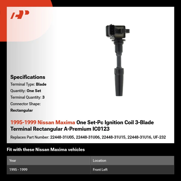 1995-1999 Nissan Maxima One Set-Pc Ignition Coil 3-Blade Terminal Rectangular A-Premium IC0123