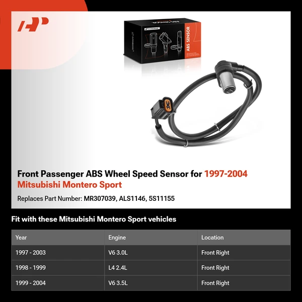 Front Passenger ABS Wheel Speed Sensor for 1997-2004 Mitsubishi Montero Sport