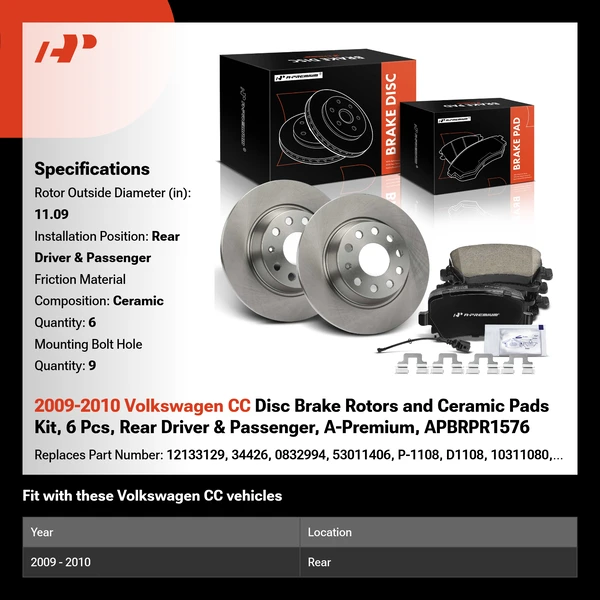 2009-2010 Volkswagen CC Disc Brake Rotors and Ceramic Pads Kit, 6 Pcs, Rear Driver & Passenger, A-Premium, APBRPR1576