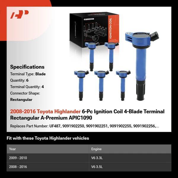 2008-2016 Toyota Highlander A Set of 6-Pc Ignition Coil 4-Blade Terminal Rectangular A-Premium APIC1090