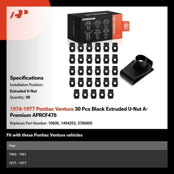 1974-1977 Pontiac Ventura 30 Pcs Black Extruded U-Nut A-Premium APRCF476