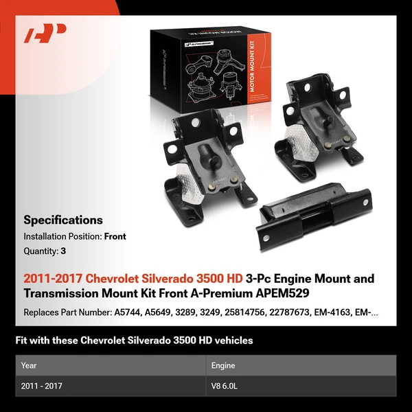 2011-2017 Chevrolet Silverado 3500 HD 3-Pc Engine Mount and Transmission Mount Kit Front A-Premium APEM529
