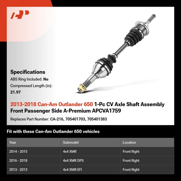 2013-2018 Can-Am Outlander 650 1-Pc CV Axle Shaft Assembly Front Passenger Side A-Premium APCVA1759