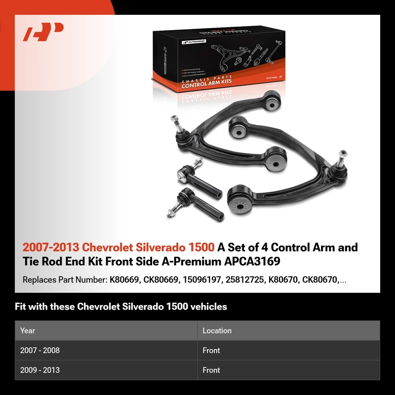 2007-2013 Chevrolet Silverado 1500 A Set of 4 Control Arm and Tie Rod End Kit Front Side A-Premium APCA3169