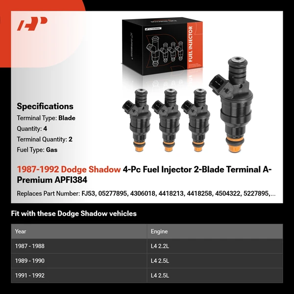 1987-1992 Dodge Shadow 4-Pc Fuel Injector 2-Blade Terminal A-Premium APFI384