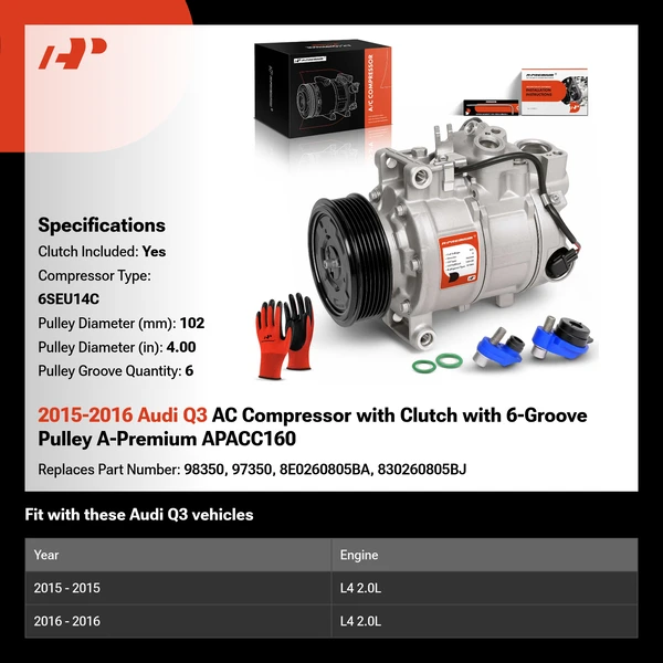 2015-2016 Audi Q3 AC Compressor with Clutch with 6-Groove Pulley A-Premium APACC160