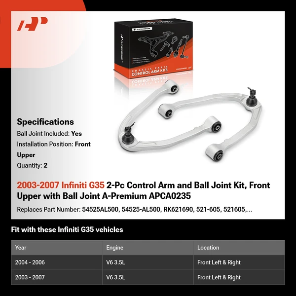 2003-2007 Infiniti G35 2-Pc Control Arm and Ball Joint Kit, Front Upper with Ball Joint A-Premium APCA0235