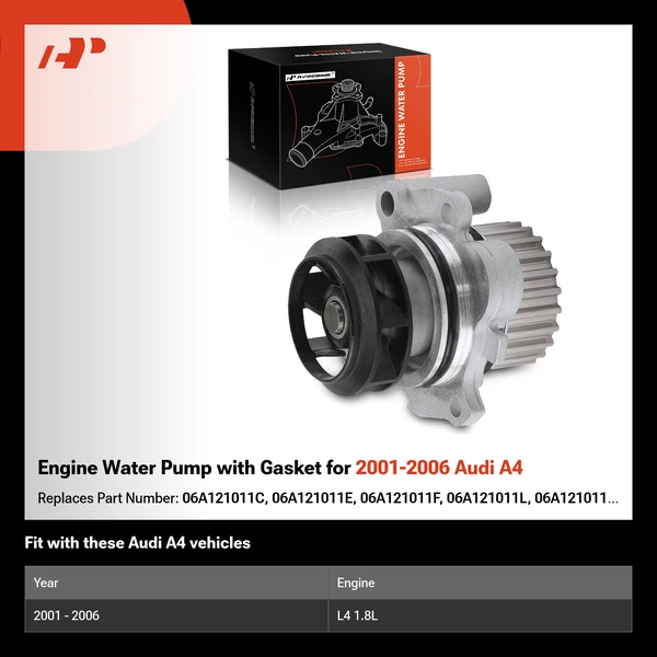 Engine Water Pump with Gasket for 2001-2006 Audi A4