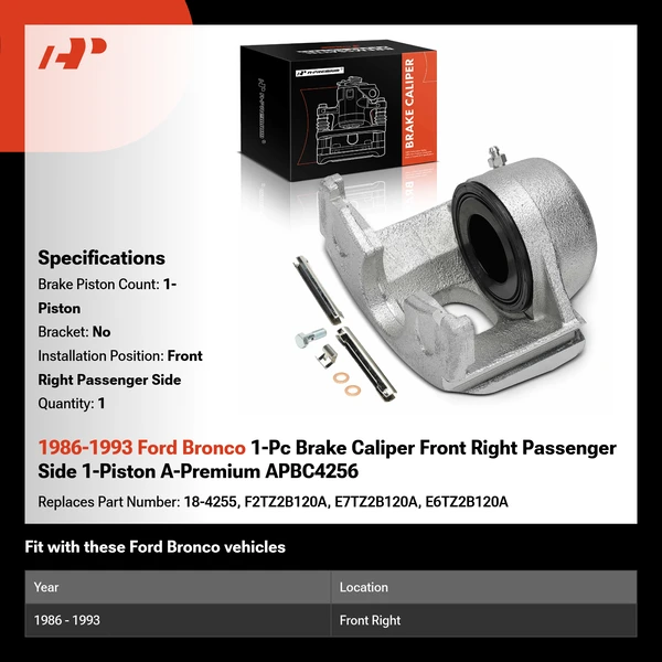1986-1993 Ford Bronco 1-Pc Brake Caliper Front Right Passenger Side 1-Piston A-Premium APBC4256