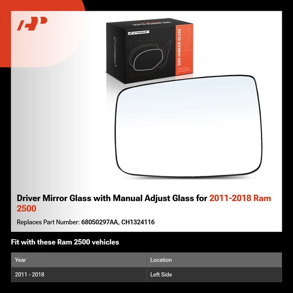 Driver Mirror Glass with Manual Adjust Glass for 2011-2018 Ram 2500