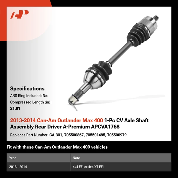 2013-2014 Can-Am Outlander Max 400 1-Pc CV Axle Shaft Assembly Rear Driver A-Premium APCVA1768