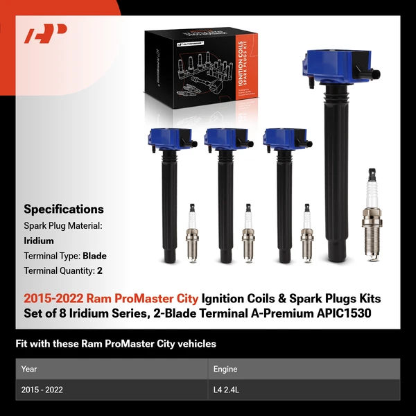 2015-2022 Ram ProMaster City Ignition Coils & Spark Plugs Kits Set of 8 Iridium Series, 2-Blade Terminal A-Premium APIC1530
