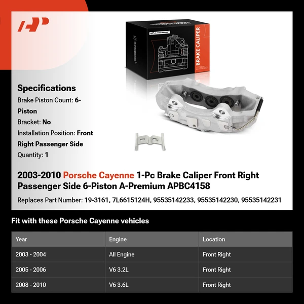 2003-2010 Porsche Cayenne 1-Pc Brake Caliper Front Right Passenger Side 6-Piston A-Premium APBC4158