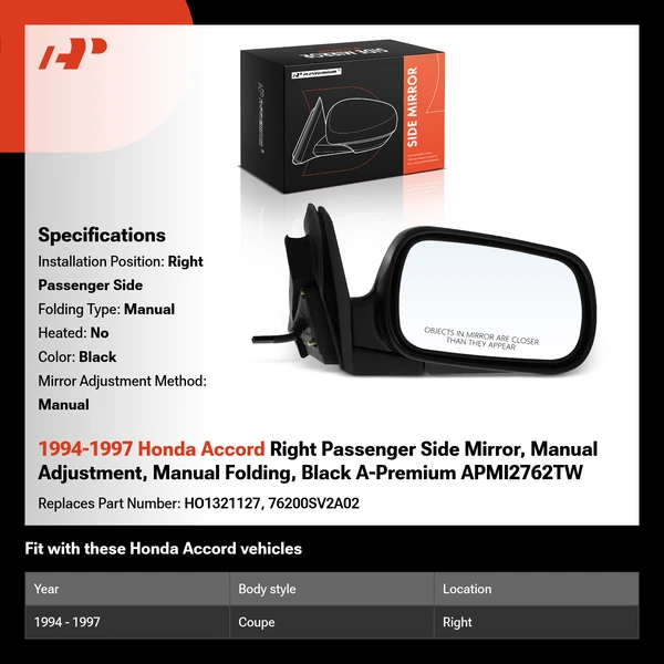 1994-1997 Honda Accord Right Passenger Side Mirror, Manual Adjustment, Manual Folding, Black A-Premium APMI2762TW