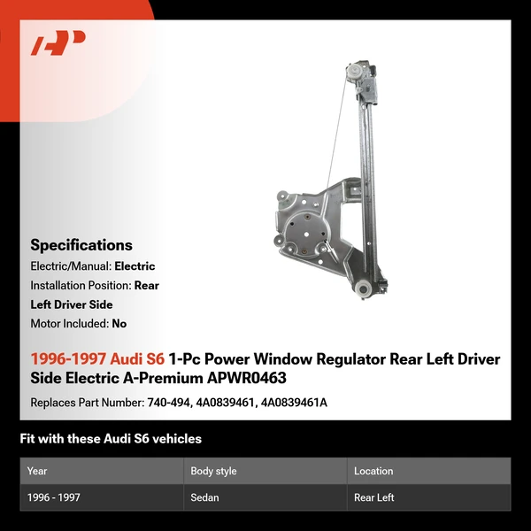 1996-1997 Audi S6 1-Pc Power Window Regulator Rear Left Driver Side Electric A-Premium APWR0463