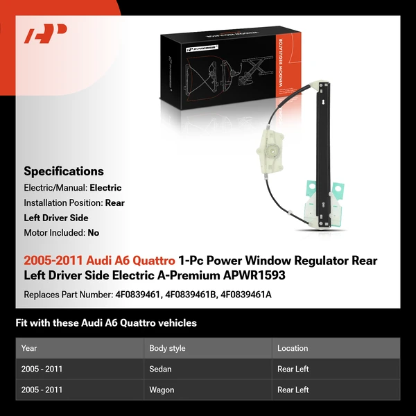 2005-2011 Audi A6 Quattro 1-Pc Power Window Regulator Rear Left Driver Side Electric A-Premium APWR1593