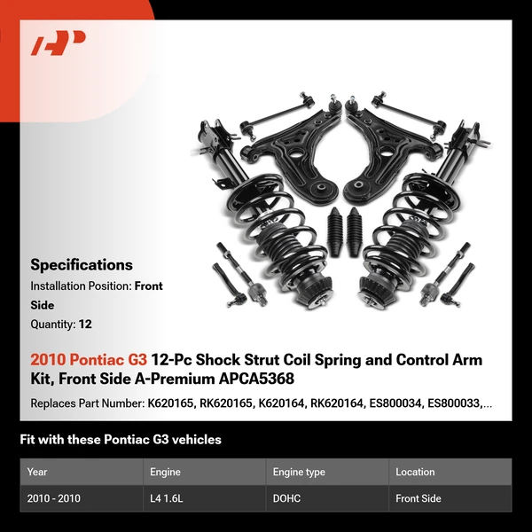 2010 Pontiac G3 12-Pc Shock Strut Coil Spring and Control Arm Kit, Front Side A-Premium APCA5368