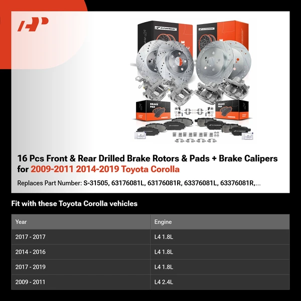 16 Pcs Front & Rear Drilled Brake Rotors & Pads + Brake Calipers for 2009-2011 2014-2019 Toyota Corolla