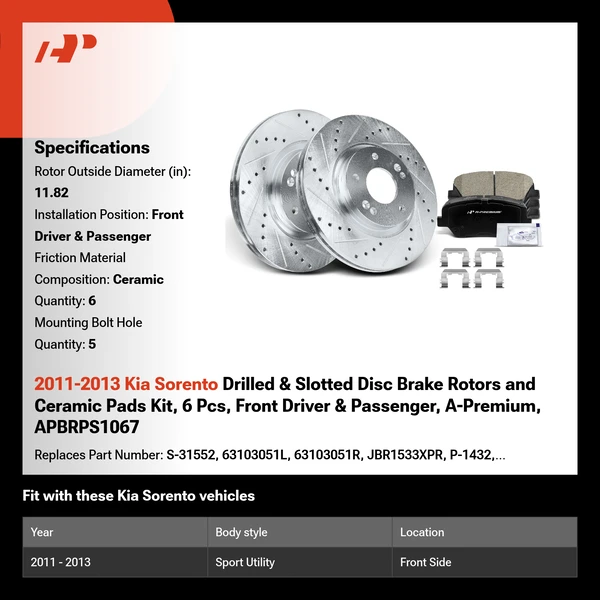 2011-2013 Kia Sorento Drilled & Slotted Disc Brake Rotors and Ceramic Pads Kit, 6 Pcs, Front Driver & Passenger, A-Premium, APBRPS1067