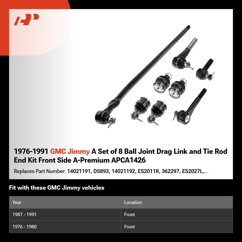 1976-1991 GMC Jimmy A Set of 8 Ball Joint Drag Link and Tie Rod End Kit Front Side A-Premium APCA1426