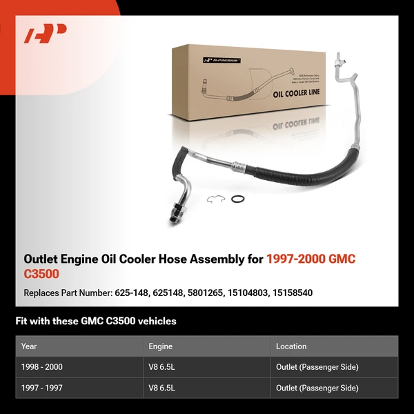 Outlet Engine Oil Cooler Hose Assembly for 1997-2000 GMC C3500