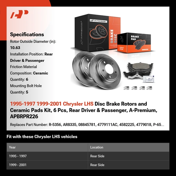 1995-1997 1999-2001 Chrysler LHS Disc Brake Rotors and Ceramic Pads Kit, 6 Pcs, Rear Driver & Passenger, A-Premium, APBRPR226