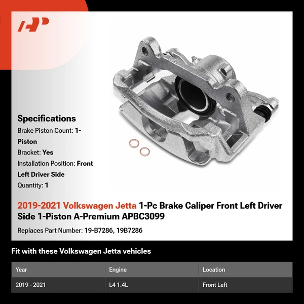 2019-2021 Volkswagen Jetta 1-Pc Brake Caliper Front Left Driver Side 1-Piston A-Premium APBC3099