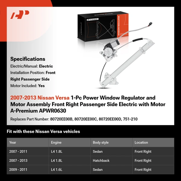 2007-2013 Nissan Versa 1-Pc Power Window Regulator and Motor Assembly Front Right Passenger Side Electric with Motor A-Premium APWR0630