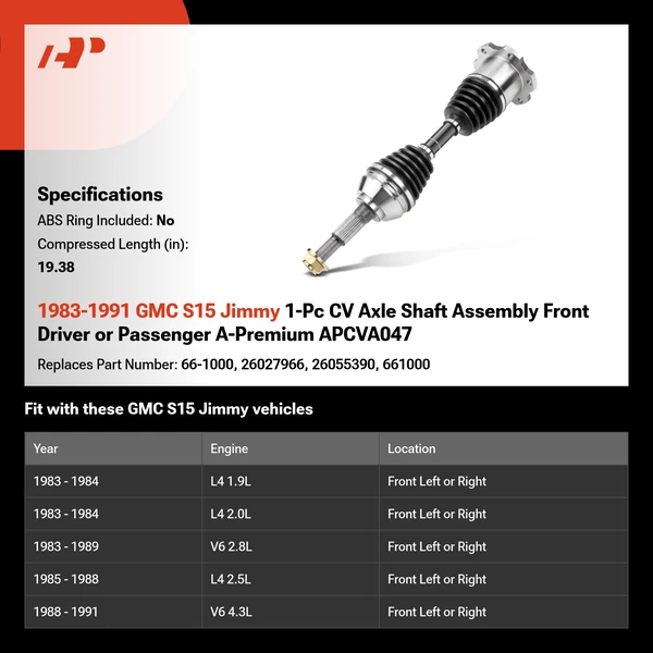 1983-1991 GMC S15 Jimmy 1-Pc CV Axle Shaft Assembly Front Driver or Passenger A-Premium APCVA047