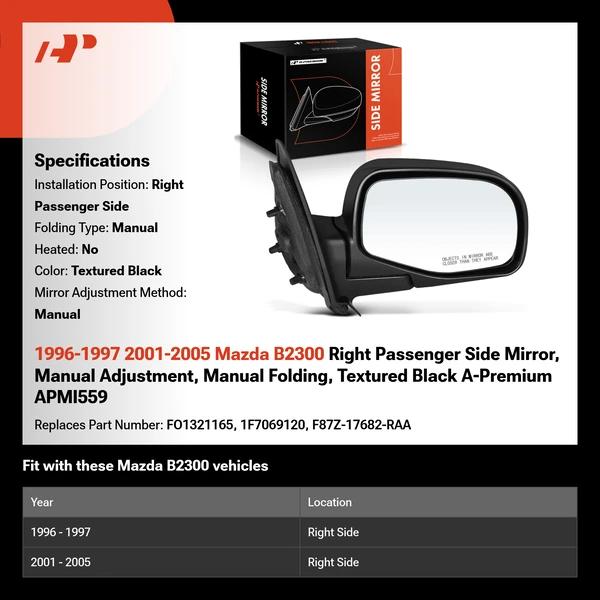 1996-1997 2001-2005 Mazda B2300 Right Passenger Side Mirror, Manual Adjustment, Manual Folding, Textured Black A-Premium APMI559