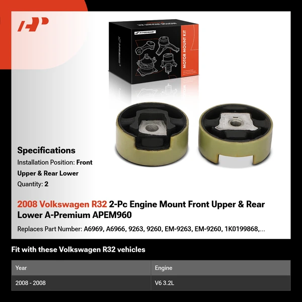 2008 Volkswagen R32 2-Pc Engine Mount Front Upper & Rear Lower A-Premium APEM960