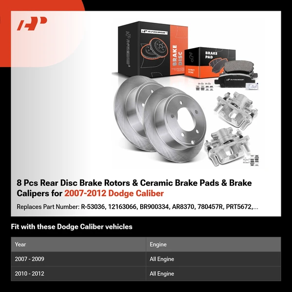8 Pcs Rear Disc Brake Rotors & Ceramic Brake Pads & Brake Calipers for 2007-2012 Dodge Caliber