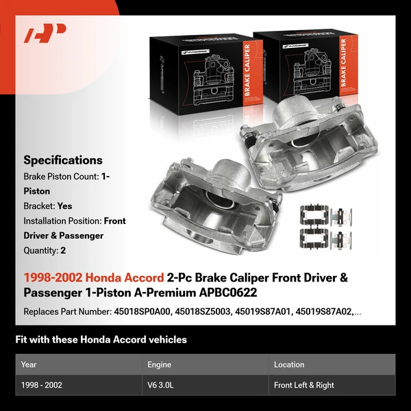 1998-2002 Honda Accord 2-Pc Brake Caliper Front Driver & Passenger 1-Piston A-Premium APBC0622