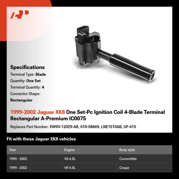 1999-2002 Jaguar XK8 One Set-Pc Ignition Coil 4-Blade Terminal Rectangular A-Premium IC0075
