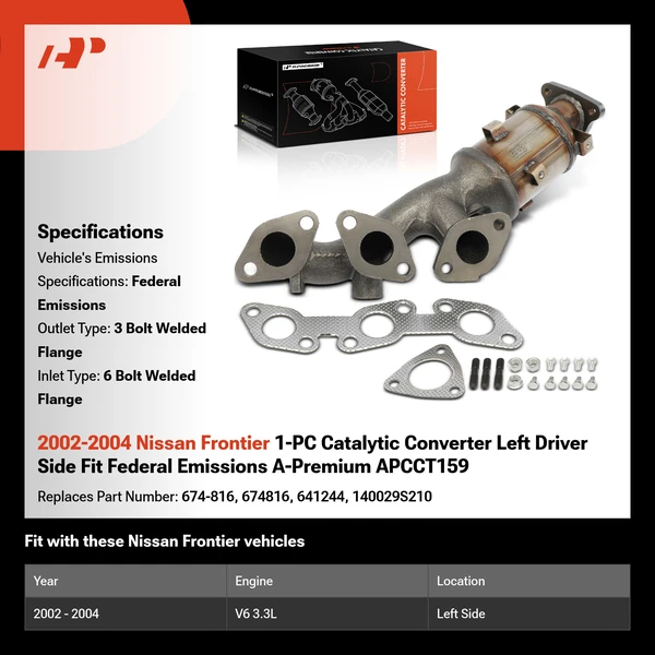 2002-2004 Nissan Frontier 1-PC Catalytic Converter Left Driver Side Fit Federal Emissions A-Premium APCCT159