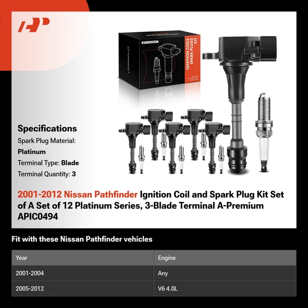 2001-2012 Nissan Pathfinder Ignition Coil and Spark Plug Kit Set of A Set of 12 Platinum Series, 3-Blade Terminal A-Premium APIC0494
