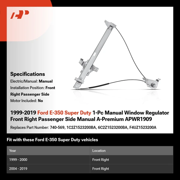 1999-2019 Ford E-350 Super Duty 1-Pc Manual Window Regulator Front Right Passenger Side Manual A-Premium APWR1909