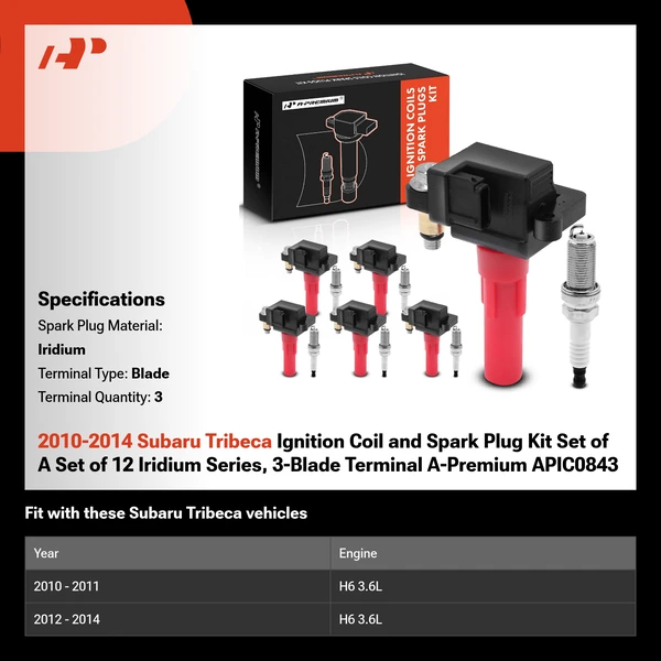 2010-2014 Subaru Tribeca Ignition Coil and Spark Plug Kit Set of A Set of 12 Iridium Series, 3-Blade Terminal A-Premium APIC0843