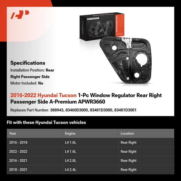 2016-2022 Hyundai Tucson 1-Pc Window Regulator Rear Right Passenger Side A-Premium APWR3660