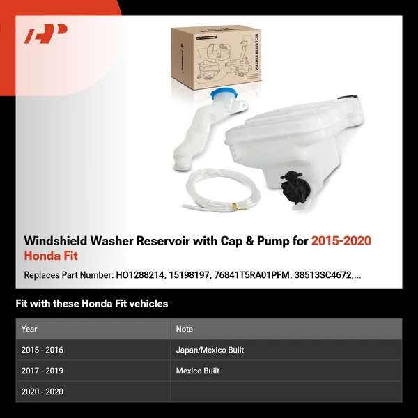 Windshield Washer Reservoir with Cap & Pump for 2015-2020 Honda Fit