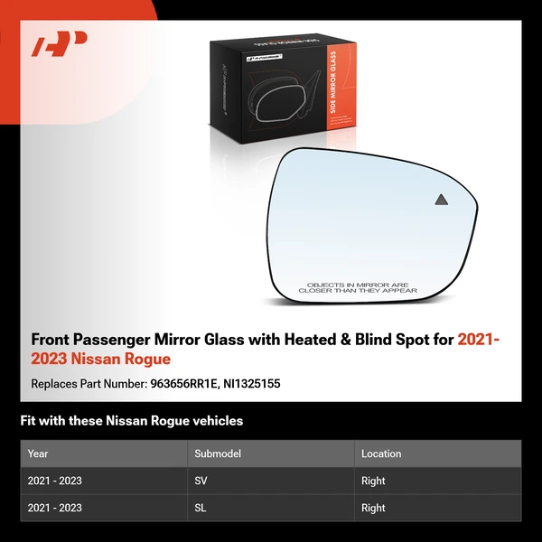 Front Passenger Mirror Glass with Heated & Blind Spot for 2021-2023 Nissan Rogue