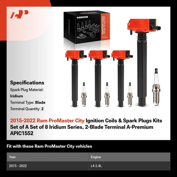 2015-2022 Ram ProMaster City Ignition Coils & Spark Plugs Kits Set of A Set of 8 Iridium Series, 2-Blade Terminal A-Premium APIC1552