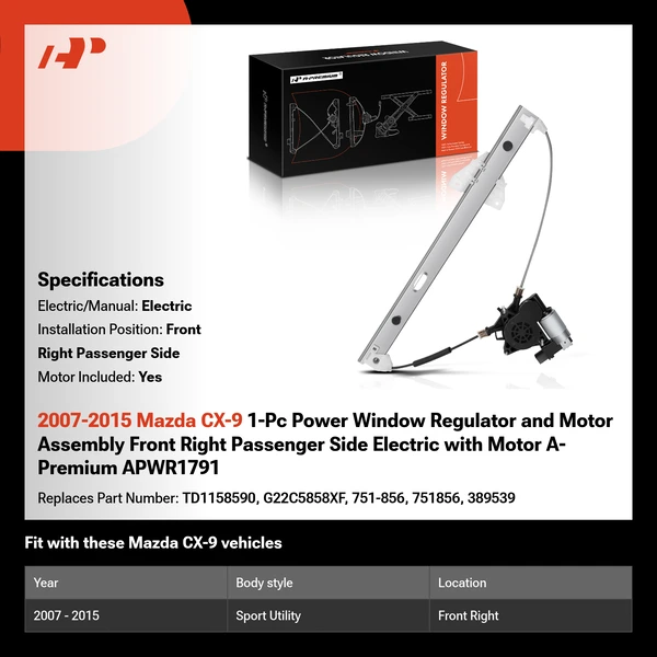2007-2015 Mazda CX-9 1-Pc Power Window Regulator and Motor Assembly Front Right Passenger Side Electric with Motor A-Premium APWR1791