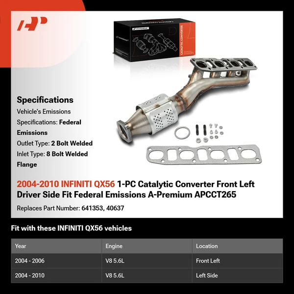 2004-2010 INFINITI QX56 1-PC Catalytic Converter Front Left Driver Side Fit Federal Emissions A-Premium APCCT265